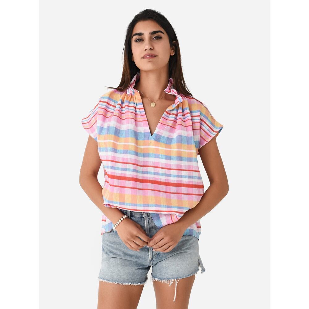 Never A Wallflower Pink Linen Cotton Striped Vicki Top Blouse Size XS